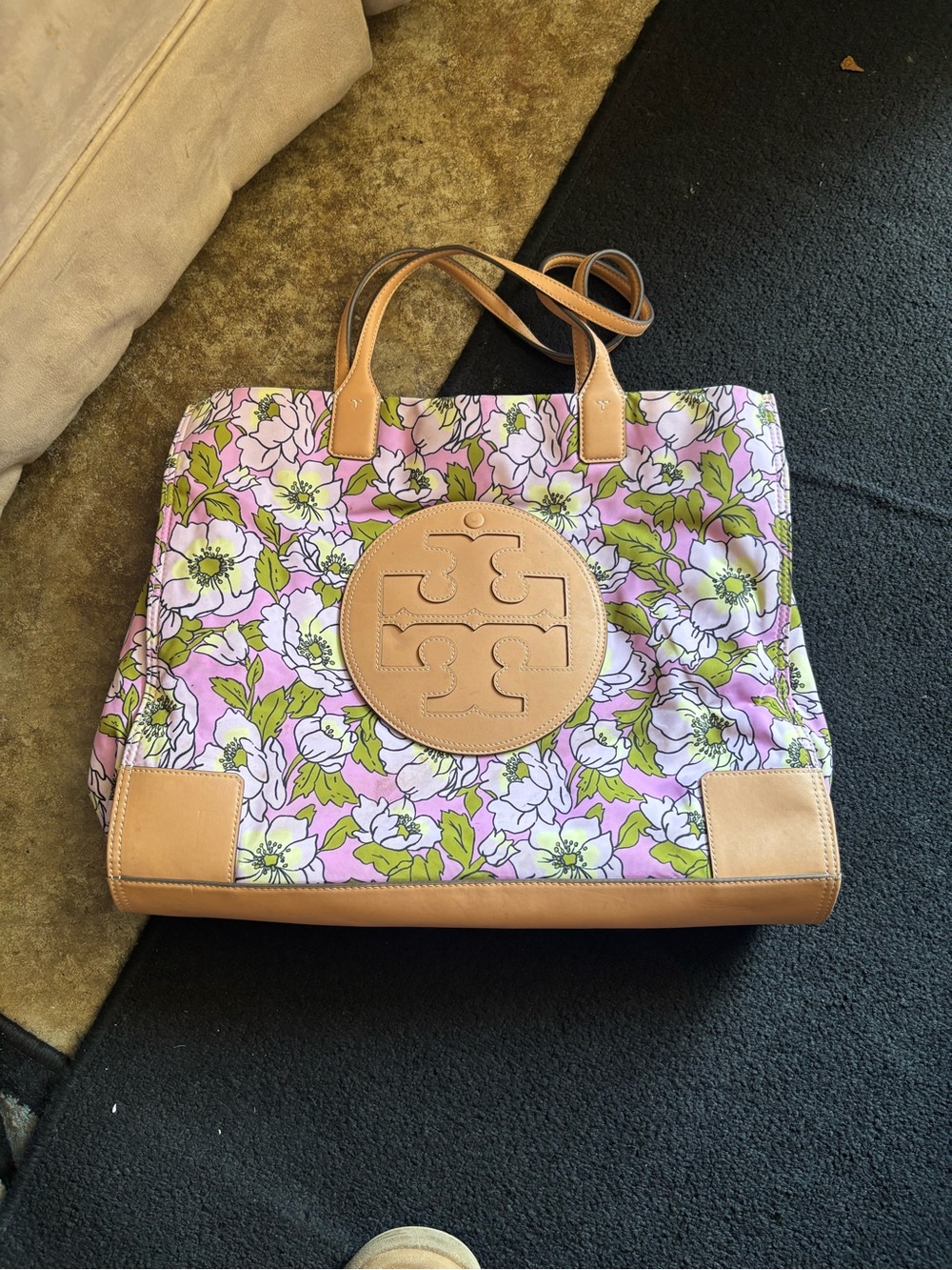 Tory Burch Pink Floral Canvas Tote with Tan Leather Accents